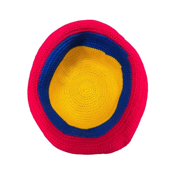 Crochet Bucket Hat Yellow Blue Red Striped Handmade Unisex - Picture 6 of 7